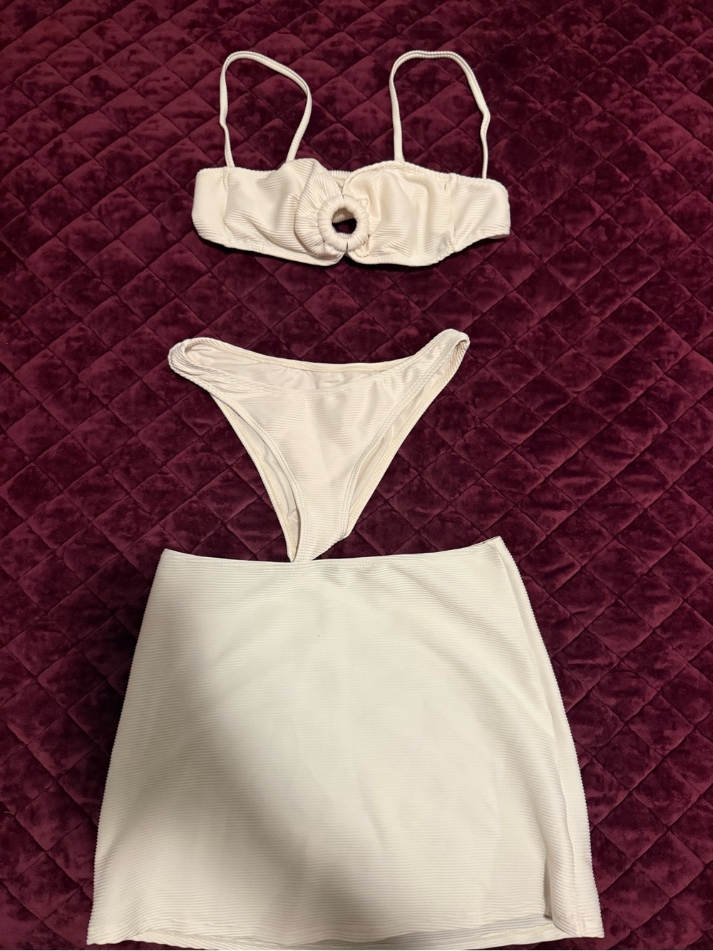 House of Harlow 1960 Cream Ribbed Bandeau Bikini Set with Skirt